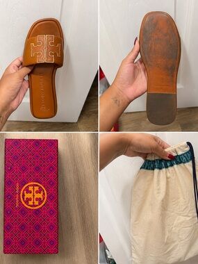 Tory Burch Tan Brown Leather Logo Slide Sandals